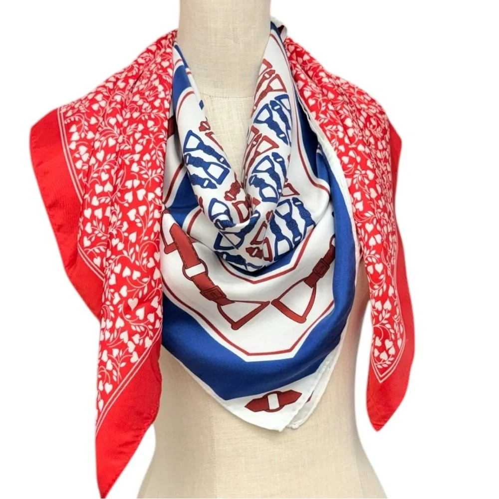 Bundle of 2 Scarves Red Heart Print & Blue Equestrian Horse Bit Square Scarves
